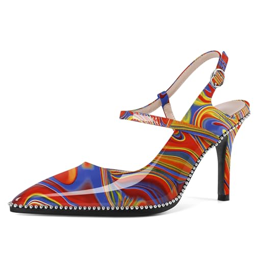 EDEFS Damen Elegante Slingback Pumps Stiletto Absatz 9 cm Hoher Absatz Perlen Patentleder Spitzzahn mit Schnallen Riemen Heatmap EU38 von EDEFS