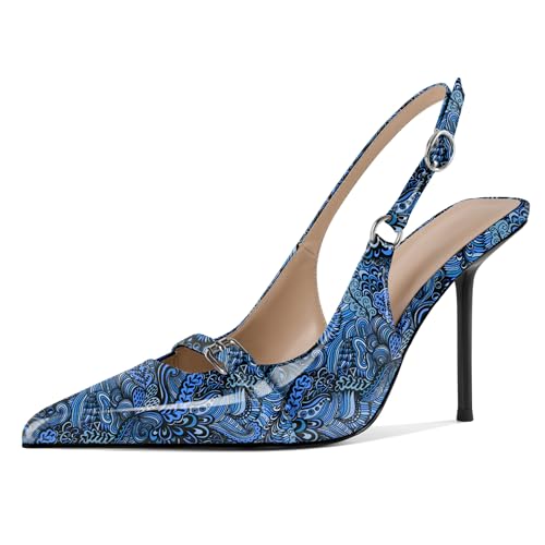 EDEFS Damen Farbverlauf Schnallen System Stiletto Absatz 10 cm Slingback Spitzzahn & Patentleder Verschmelzung Blume Blau EU41 von EDEFS