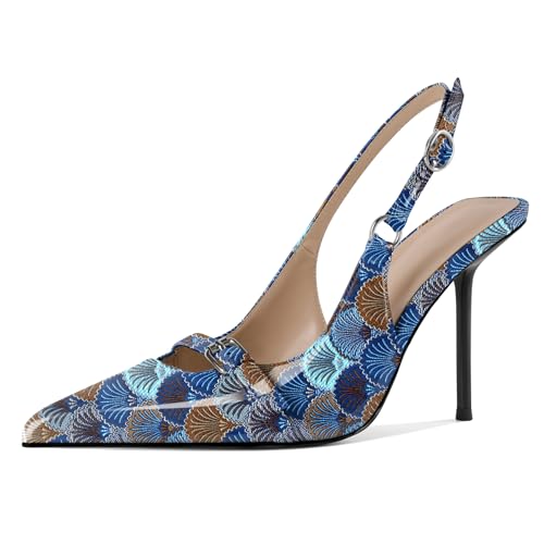 EDEFS Damen Farbverlauf Schnallen System Stiletto Absatz 10 cm Slingback Spitzzahn & Patentleder Verschmelzung Jakobsmuscheln Blau EU41 von EDEFS