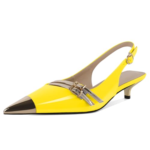 EDEFS Damen Flüssigglanz Slingback 3,5 cm Kätzchenabsatz Pumps mit Spitzem Zeh & Schnalle Party Nächte & Arbeits Selbstbewusstsein Gelb EU40 von EDEFS