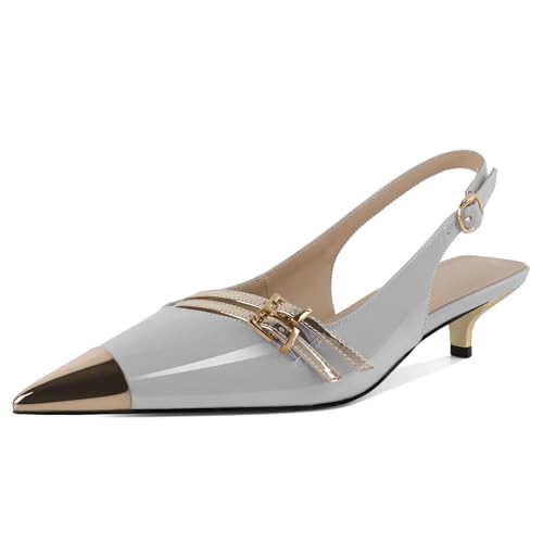 EDEFS Damen Flüssigglanz Slingback 3,5 cm Kätzchenabsatz Pumps mit Spitzem Zeh & Schnalle Party Nächte & Arbeits Selbstbewusstsein Grau EU40 von EDEFS