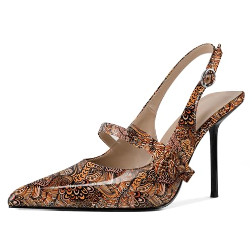 EDEFS Damen Flüssigglanz Spitzzahn 10 cm Stiletto Absatz Slingback Knöchelriemen mit Chromschnallen Detail Blume Braun EU38 von EDEFS