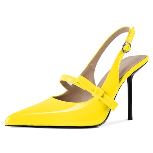EDEFS Damen Flüssigglanz Spitzzahn 10 cm Stiletto Absatz Slingback Knöchelriemen mit Chromschnallen Detail Gelb EU38 von EDEFS