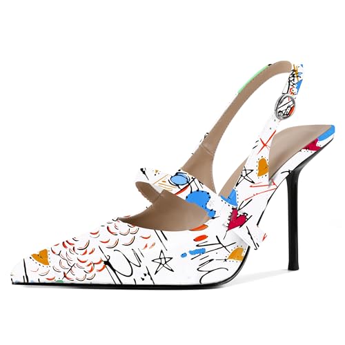 EDEFS Damen Flüssigglanz Spitzzahn 10 cm Stiletto Absatz Slingback Knöchelriemen mit Chromschnallen Detail Graffiti Weiß EU38 EDEFS Damen Flüssigglanz Spitzzahn 10 cm Stiletto Absatz Slingback Knöchelriemen mit Chromschnallen Detail Graffiti Weiß EU38 von EDEFS