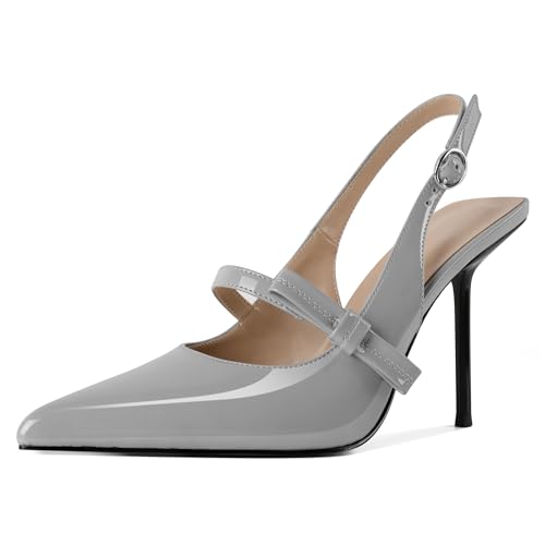 EDEFS Damen Flüssigglanz Spitzzahn 10 cm Stiletto Absatz Slingback Knöchelriemen mit Chromschnallen Detail Grau EU38 von EDEFS
