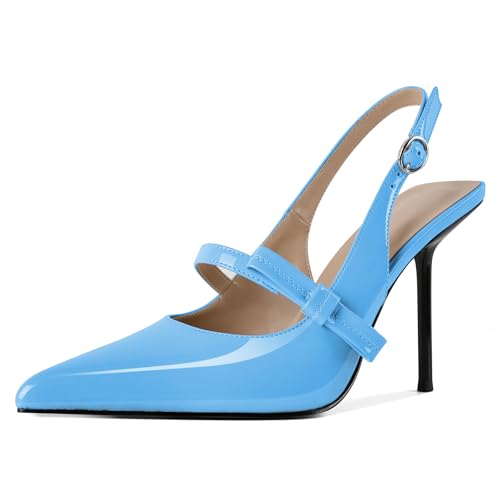 EDEFS Damen Flüssigglanz Spitzzahn 10 cm Stiletto Absatz Slingback Knöchelriemen mit Chromschnallen Detail Hellblau EU38 von EDEFS