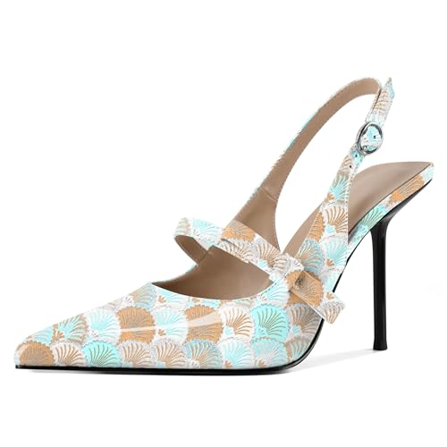 EDEFS Damen Flüssigglanz Spitzzahn 10 cm Stiletto Absatz Slingback Knöchelriemen mit Chromschnallen Detail Jakobsmuscheln Gelb EU38 von EDEFS