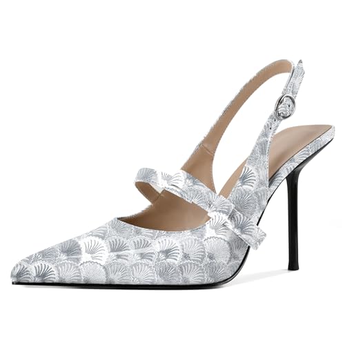 EDEFS Damen Flüssigglanz Spitzzahn 10 cm Stiletto Absatz Slingback Knöchelriemen mit Chromschnallen Detail Jakobsmuscheln Silber EU38 EDEFS Damen Flüssigglanz Spitzzahn 10 cm Stiletto Absatz Slingback Knöchelriemen mit Chromschnallen Detail Jakobsmuscheln Silber EU38 von EDEFS