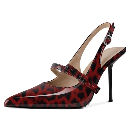 EDEFS Damen Flüssigglanz Spitzzahn 10 cm Stiletto Absatz Slingback Knöchelriemen mit Chromschnallen Detail Leopard Rot EU38 EDEFS Damen Flüssigglanz Spitzzahn 10 cm Stiletto Absatz Slingback Knöchelriemen mit Chromschnallen Detail Leopard Rot EU38 von EDEFS