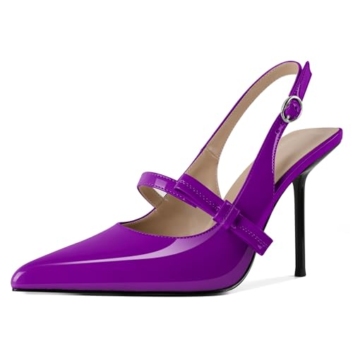 EDEFS Damen Flüssigglanz Spitzzahn 10 cm Stiletto Absatz Slingback Knöchelriemen mit Chromschnallen Detail Lila EU38 EDEFS Damen Flüssigglanz Spitzzahn 10 cm Stiletto Absatz Slingback Knöchelriemen mit Chromschnallen Detail Lila EU38 von EDEFS