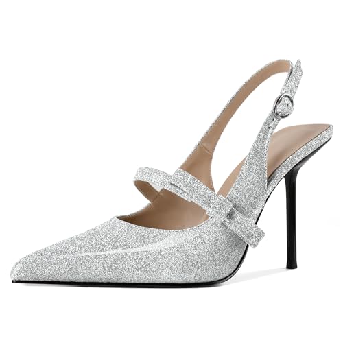 EDEFS Damen Flüssigglanz Spitzzahn 10 cm Stiletto Absatz Slingback Knöchelriemen mit Chromschnallen Detail Silber EU38 EDEFS Damen Flüssigglanz Spitzzahn 10 cm Stiletto Absatz Slingback Knöchelriemen mit Chromschnallen Detail Silber EU38 von EDEFS