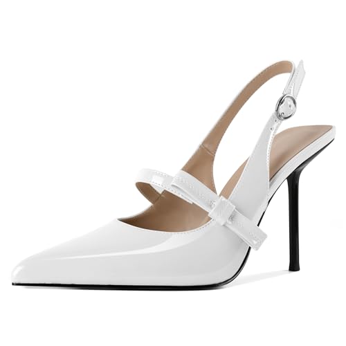 EDEFS Damen Flüssigglanz Spitzzahn 10 cm Stiletto Absatz Slingback Knöchelriemen mit Chromschnallen Detail Weiß EU38 EDEFS Damen Flüssigglanz Spitzzahn 10 cm Stiletto Absatz Slingback Knöchelriemen mit Chromschnallen Detail Weiß EU38 von EDEFS