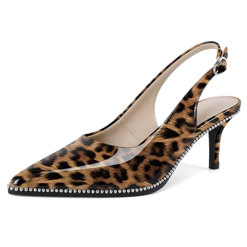 EDEFS Damen Ganztags Elegante Slingback Pumps 6,5 cm Niedrigabsatz Mittelabsatz Perlen Patentleder Spitzzahn mit Schnallenverschluss Leopard EU44 von EDEFS