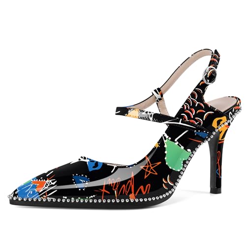 EDEFS Damen Ganztags Elegante Slingback Pumps 9 cm Stiletto Absatz Hoher Absatz Perlen Patentleder Spitzzahn mit Schnallen Verschluss Graffiti EU44 von EDEFS