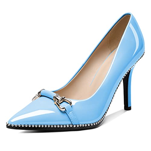 EDEFS Damen Geschlossene Zehe High Heels Spitze Heels Klassische Damen Pumps Lackabsatz High Heels Prom Party Hochzeit Pendler Heels Pumps Helle Blau EU38 von EDEFS