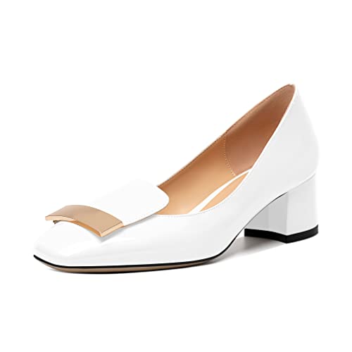 EDEFS Damen Geschlossener Quadratischer Zeh Blockabsatz Mittelhoher Absatz Pumps Slip-on Blockabsatz Schuhe Elegante Schuhe Weiß EU39 von EDEFS