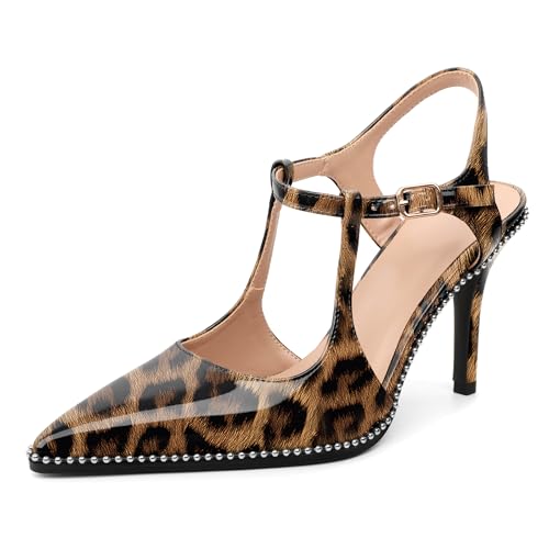 EDEFS Damen Glänzendes Patentleder Stiletto Absatz Slingback 9 cm Hoher Absatz Pumps Perlen Knöchelschliesse & Spitzzahn für Elegante Hochzeit Party Arbeit Leopard EU38 von EDEFS