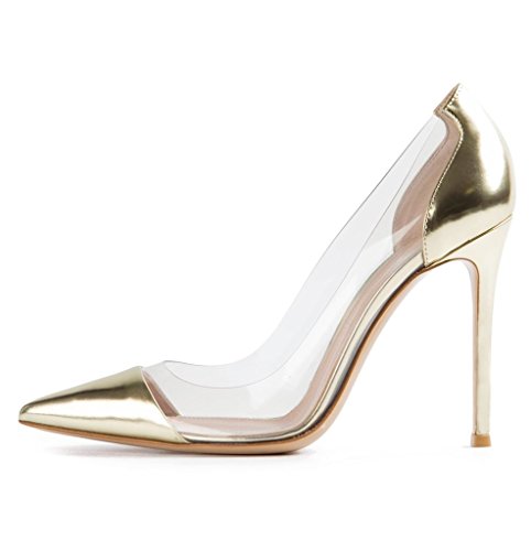 EDEFS Damen Größe Geschlossene Pumps Zehenkappe Transparent Rutsch Stiletto Party Hochzeit Schuhe Gold Größe EU38 von EDEFS