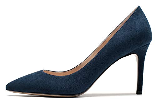 EDEFS Damen High Heel Klassische Abendschuhe Spitze Zehen Hochzeit Pumps Dark Blue EU38 von EDEFS