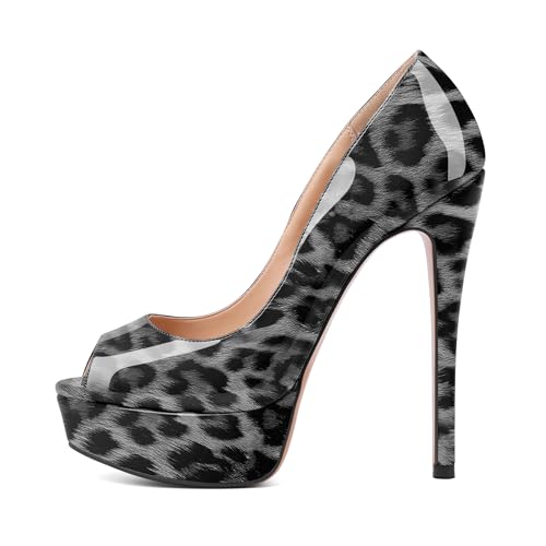 EDEFS Damen High Heel Plateau Pumps mit 6 Zoll Stiletto Peep Toe und Runder Zehenpartie Elegant für Business und Abend Leopard Weiß EU39 von EDEFS