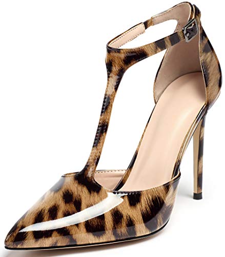 EDEFS Damen High Heel Pumps 4IN Spitz Stiletto Schuhe Elegant Knöchelriemen Kleid Schuhe Leopard Größe EU37 von EDEFS