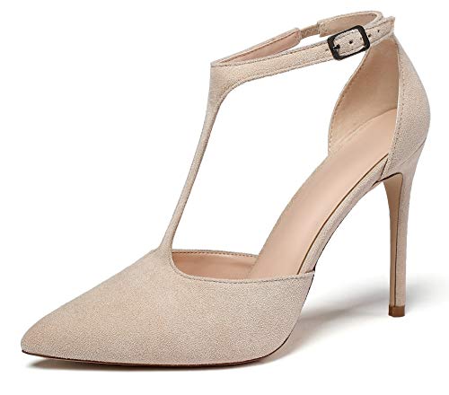 EDEFS Damen High Heel Pumps 4IN Spitz Stiletto Schuhe Elegant Knöchelriemen Kleid Schuhe Wildleder Beige Größe EU38 von EDEFS