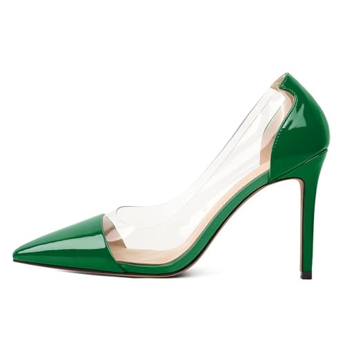 EDEFS Damen High Heel Slip On Pumps 4 Inch Stiletto Heel mit Pointed Toe Klar PVC Transparent Hochzeit Arbeit Party Mode Grün EU35 von EDEFS