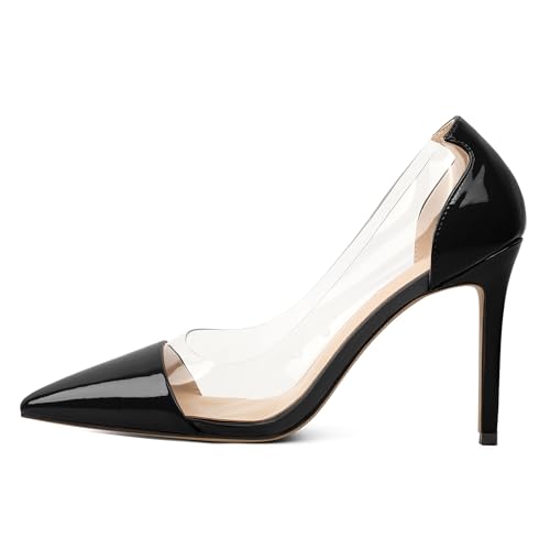 EDEFS Damen High Heel Slip On Pumps 4 Inch Stiletto Heel mit Pointed Toe Klar PVC Transparent Hochzeit Arbeit Party Mode Schwarz EU35 von EDEFS