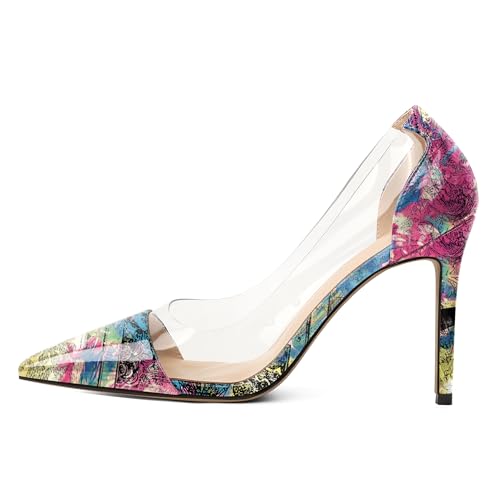 EDEFS Damen High Heel Slip On Pumps 4 Inch Stiletto Heel mit Pointed Toe Klar PVC Transparent Hochzeit Arbeit Party Mode Zeitungsrosa EU35 von EDEFS