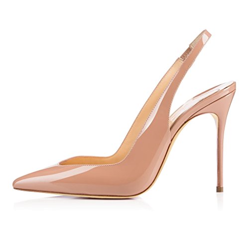 EDEFS Damen High Heels Damenschuhe Spitze Zehen Lackleder Slingback Pumps mit Elasticband Beige Größe EU38 von EDEFS