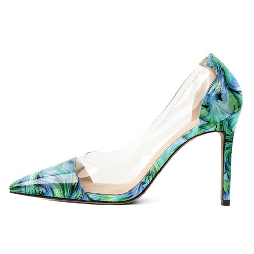 EDEFS Damen Hochzeit Pumps Slip On 4 Inch Stiletto Heel Transparent Clear PVC Straps & Pointed Toe Arbeit Luxus für Party Nights & Fashion Moments Floral Grün EU44 von EDEFS
