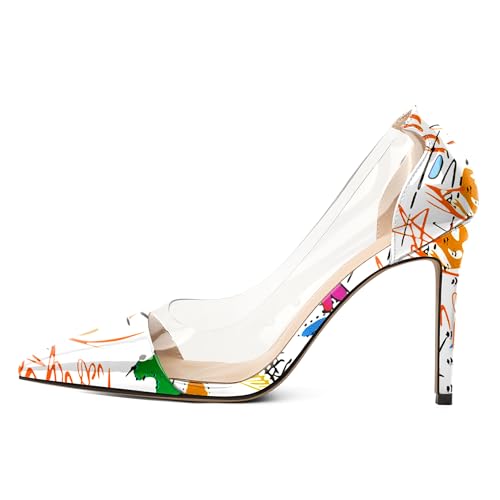 EDEFS Damen Hochzeit Pumps Slip On 4 Inch Stiletto Heel Transparent Clear PVC Straps & Pointed Toe Arbeit Luxus für Party Nights & Fashion Moments Graffiti Weiß EU44 von EDEFS