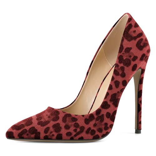 EDEFS Damen Hochzeits taugliche Stiletto Absatz Pumps 12 cm Hoher Absatz Schlupf Wildleder Spitzzahn für Party Elegante Arbeits Tage Leopard Rot EU39 von EDEFS