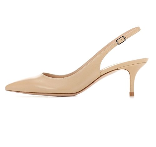 EDEFS Damen Kitten-Heel Slingback Pumps Spitze 6.5cm Mittlerer Absatz Pointed Toe Schuhe Beige Größe EU37 von EDEFS