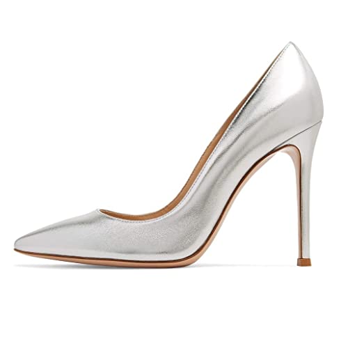 EDEFS Damen Klassisch Spitz Pumps High Heels Kleid Büroschuhe Matt Silber Größe EU45 von EDEFS