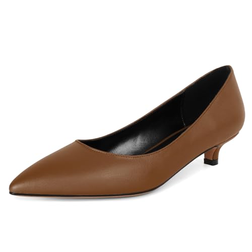 EDEFS Damen Klassische Spitzer Zehen Pumps 3,5 cm Mattem Leder Pumps Kitten Absatz Büro Schuhe Mattbraun Größe EU36 von EDEFS