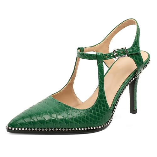 EDEFS Damen Klassische Spitzzahn Stiletto Absatz Slingback 9 cm Hoher Absatz Pumps Perlen Patentleder Elegant für Hochzeit Party Arbeit Grüne Schlange EU42 von EDEFS