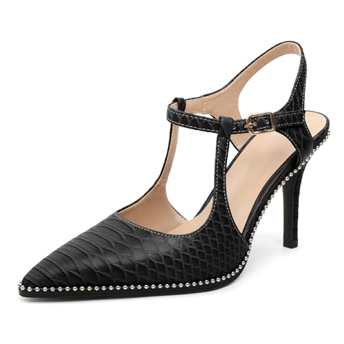 EDEFS Damen Klassische Spitzzahn Stiletto Absatz Slingback 9 cm Hoher Absatz Pumps Perlen Patentleder Elegant für Hochzeit Party Arbeit Schwarze Schlange EU42 von EDEFS