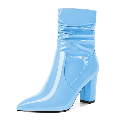 EDEFS Damen Klobige Ferse Stiefel Pointed Toe Classic Seitenreißverschluss Ankle Stiefel Comfort Ankle Stiefel Für Winter Hochzeit Light Blue Stiefel 3.4 Inch/8.5cm Größe EU40 von EDEFS