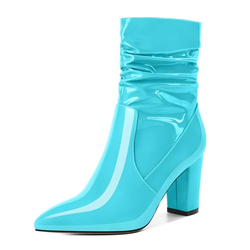 EDEFS Damen Klobige Ferse Stiefel Pointed Toe Classic Seitenreißverschluss Ankle Stiefel Comfort Ankle Stiefel Für Winter Hochzeit Turquoise Stiefel 3.4 Inch/8.5cm Größe EU40 von EDEFS