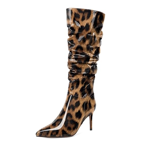 EDEFS Damen Kniestiefel Pfennigabsatz Spitze Zehe Stiefel Seitenreißverschluss Stiefelette Leopard Hochzeit Formal Lack Boties 3.4Inch/8.5cm Größe EU39 von EDEFS