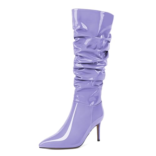 EDEFS Damen Kniestiefel Pfennigabsatz Spitze Zehe Stiefel Seitenreißverschluss Stiefelette Light Purple Hochzeit Formal Lack Boties 3.4Inch/8.5cm Größe EU39 von EDEFS