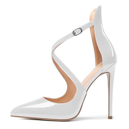 EDEFS Damen Knöchelriemchen Pumps,Spitze Zehen Stiletto Hohe Absatz Schuhe mit Schnalle Weiß EU38 von EDEFS
