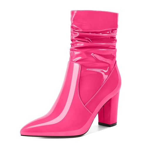 EDEFS Damen Knöchelstiefel Spitze Zehe Klobige Ferse Knöchelstiefel Klassisch Seitenreißverschluss Knöchelstiefel Für Elegante Party Hot Pink High Absatz Lack Stiefel 3.4 Inch/8.5cm Größe EU37 von EDEFS