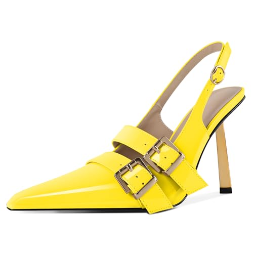 EDEFS Damen Kontraststich Slingback Pumps 10 cm Hoher Absatz Gold Metallarbeit trifft Spitzzahn Raffinesse Gelb EU41 von EDEFS