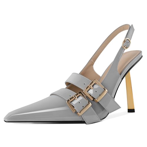 EDEFS Damen Kontraststich Slingback Pumps 10 cm Hoher Absatz Gold Metallarbeit trifft Spitzzahn Raffinesse Grau EU41 von EDEFS