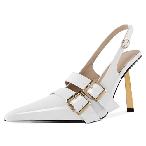 EDEFS Damen Kontraststich Slingback Pumps 10 cm Hoher Absatz Gold Metallarbeit trifft Spitzzahn Raffinesse Weiß EU41 EDEFS Damen Kontraststich Slingback Pumps 10 cm Hoher Absatz Gold Metallarbeit trifft Spitzzahn Raffinesse Weiß EU41 von EDEFS