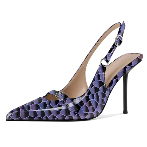 EDEFS Damen Kontraststich Slingback Stiletto Absatz 10 cm Pumps Runder Zeh mit Schnallen Verstärkung Glänzend Violett EU38 EDEFS Damen Kontraststich Slingback Stiletto Absatz 10 cm Pumps Runder Zeh mit Schnallen Verstärkung Glänzend Violett EU38 von EDEFS