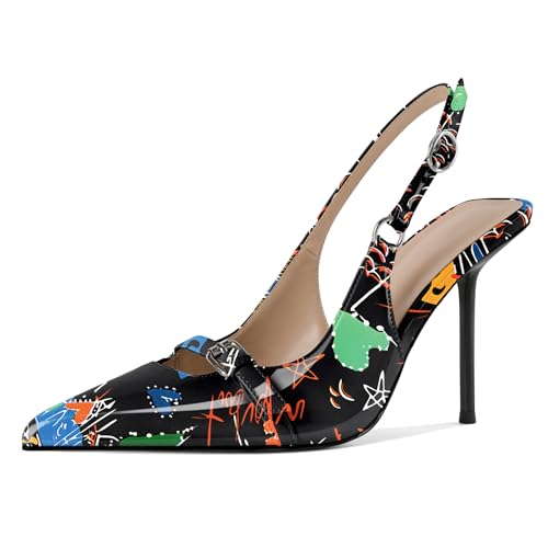 EDEFS Damen Kontraststich Slingback Stiletto Absatz 10 cm Pumps Runder Zeh mit Schnallen Verstärkung Graffiti EU38 EDEFS Damen Kontraststich Slingback Stiletto Absatz 10 cm Pumps Runder Zeh mit Schnallen Verstärkung Graffiti EU38 von EDEFS