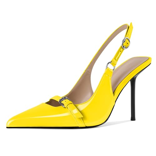 EDEFS Damen Konvertierbarer Slingback 10 cm Stiletto Absatz Pumps Runder Zeh zu Spitzzahn Transformation Gelb EU44 von EDEFS